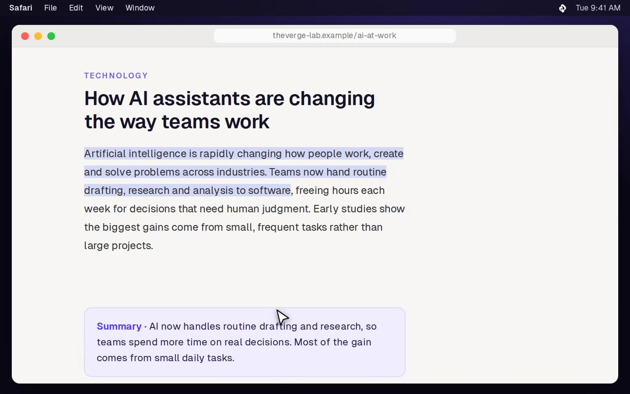 Bibbles summarizing an article in Safari